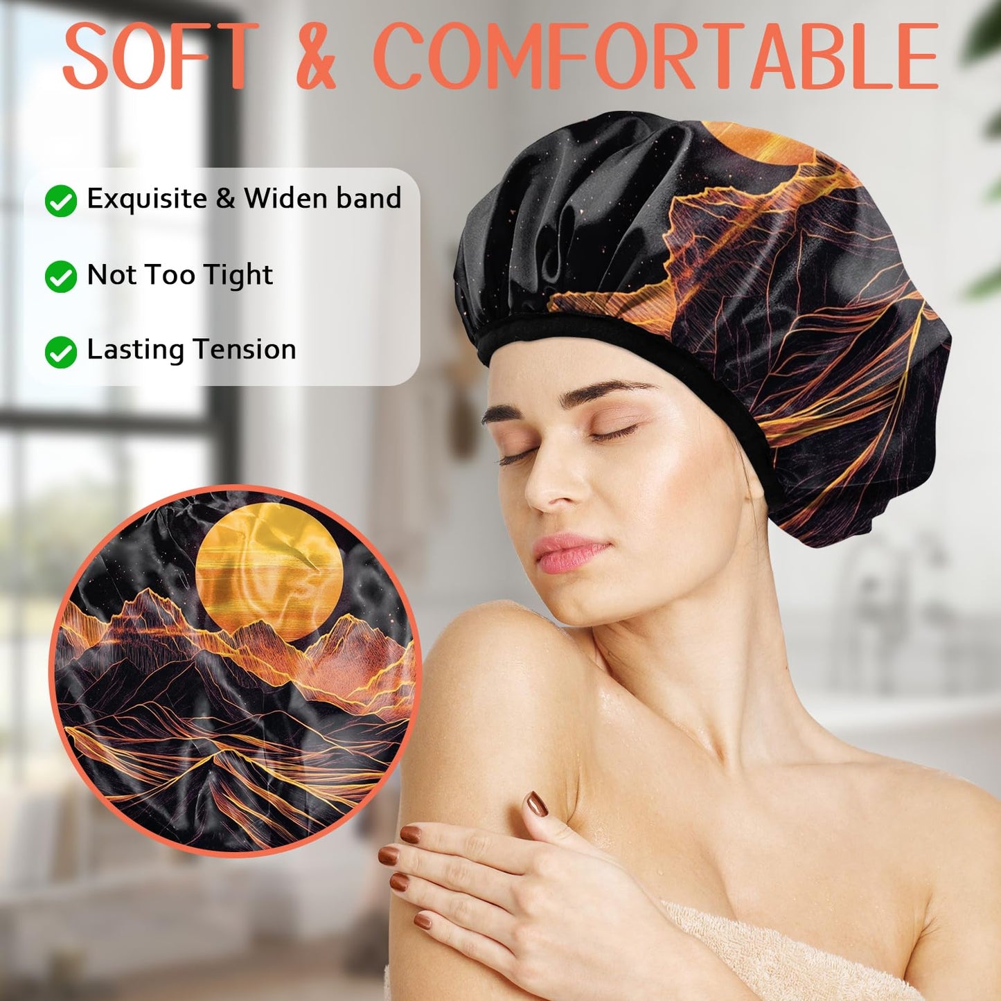 Cabreche Luxury Shower Cap Terry Lined Reusable Triple Layer Waterproof Hair Elastic Caps Shower Bath Hat for Women Girls Cute Aesthetic-Sunset