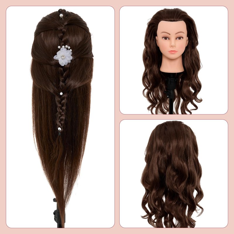 Neverland Beauty & Health 28Inch 60% Real Hair Mannequin Head,Doll Head for Hair Styling Braiding Curling,Cosmetology Mannequin Head with Hair with Table Clamp Hair Styling Set(Dark Brown)