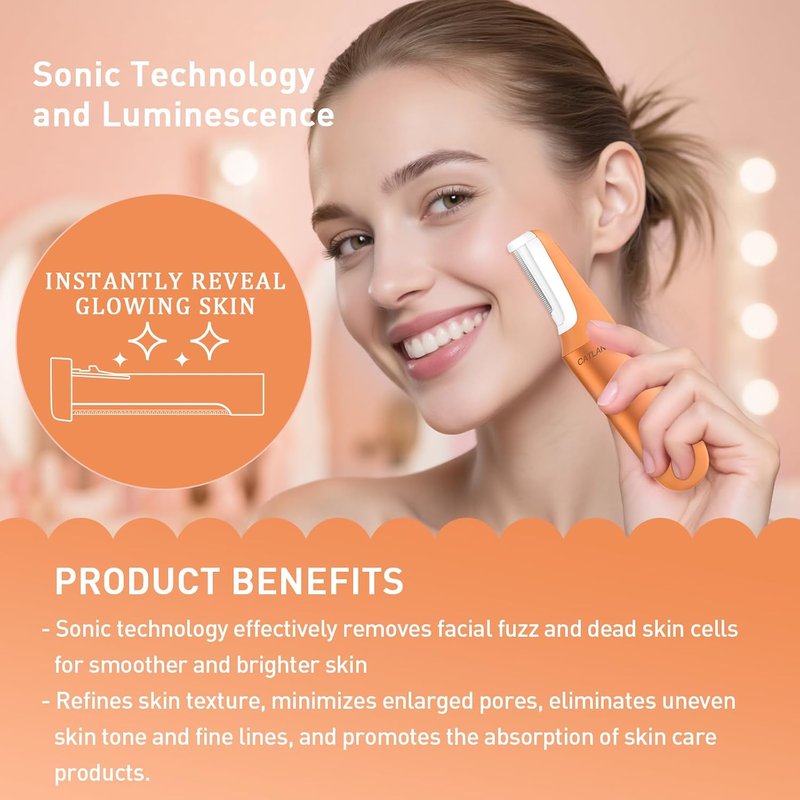 Dermaplane Razor for Women - Sonic Exfoliation Tool for Peach Fuzz & Hair Removal | 10 Blades, Cosmic Orange