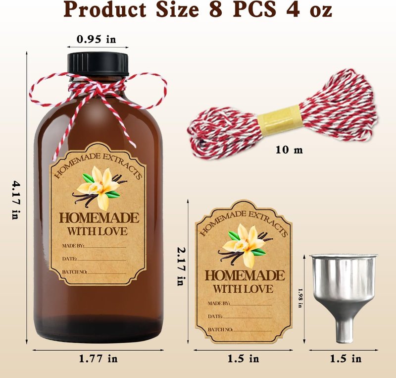 Amber Glass Bottles Set - 8Pcs 4 oz Round Bottles with Caps, Stickers & Funnel | Ideal for Extracts, Syrups & Oils