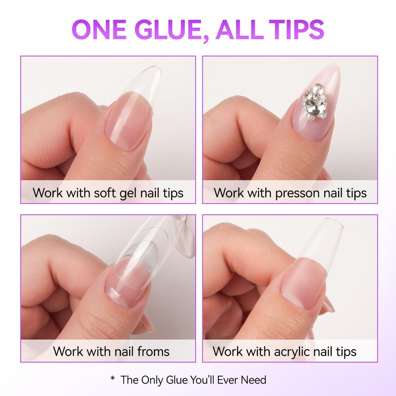 Gelike EC 6 in 1 Nail Glue Gel: 2 Pcs Nail Glue for Acrylic Nail Tips - 28+ Days Long Lasting Nail Gel Kit for False Nails Tips, Base Blooming Nail Gel, U V Light Required, Gift for Women