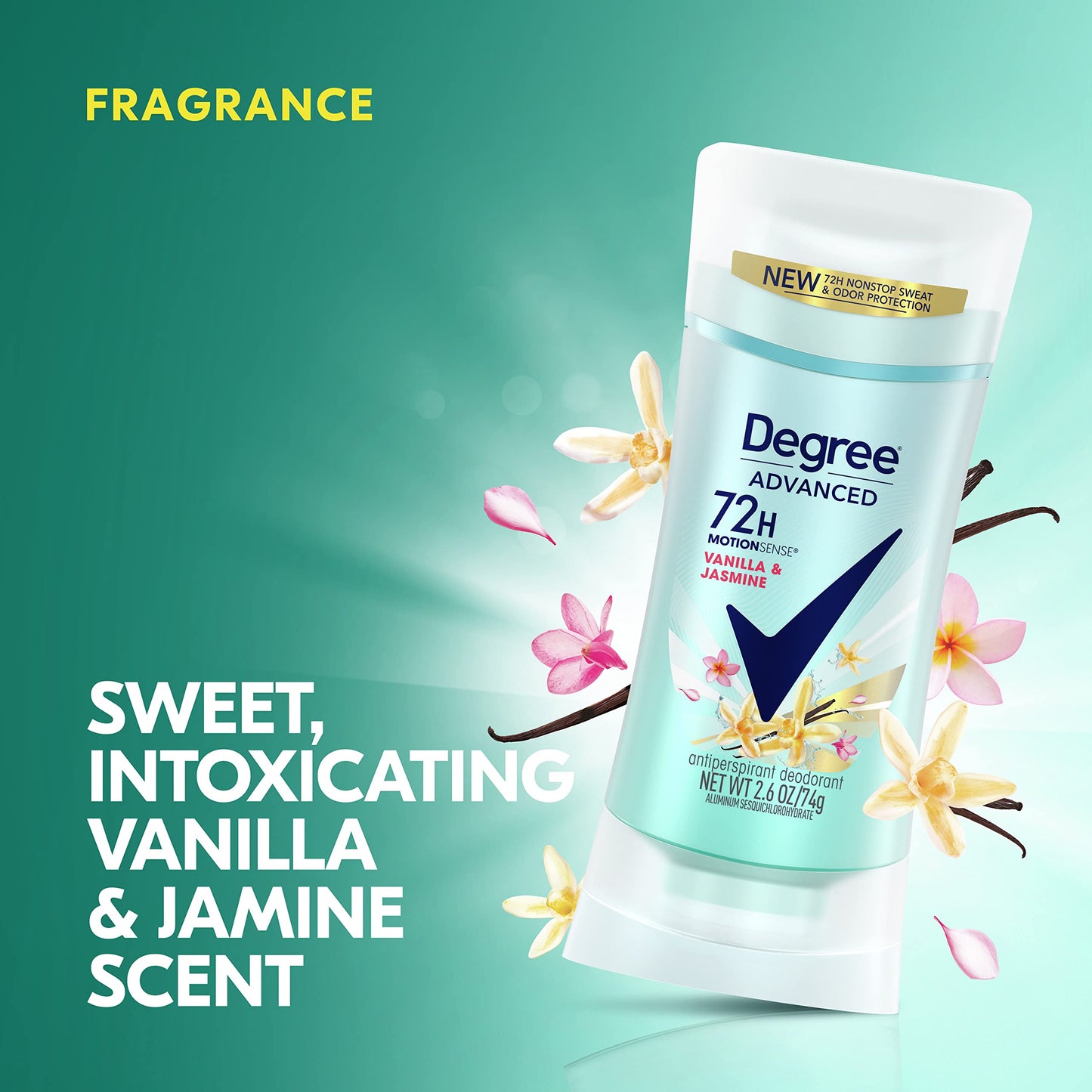 Degree Antiperspirant Deodorant 72-Hour Sweat and Odor Protection Vanilla and Jasmine Antiperspirant for Women with MotionSense Technology 2.6 oz 4 count