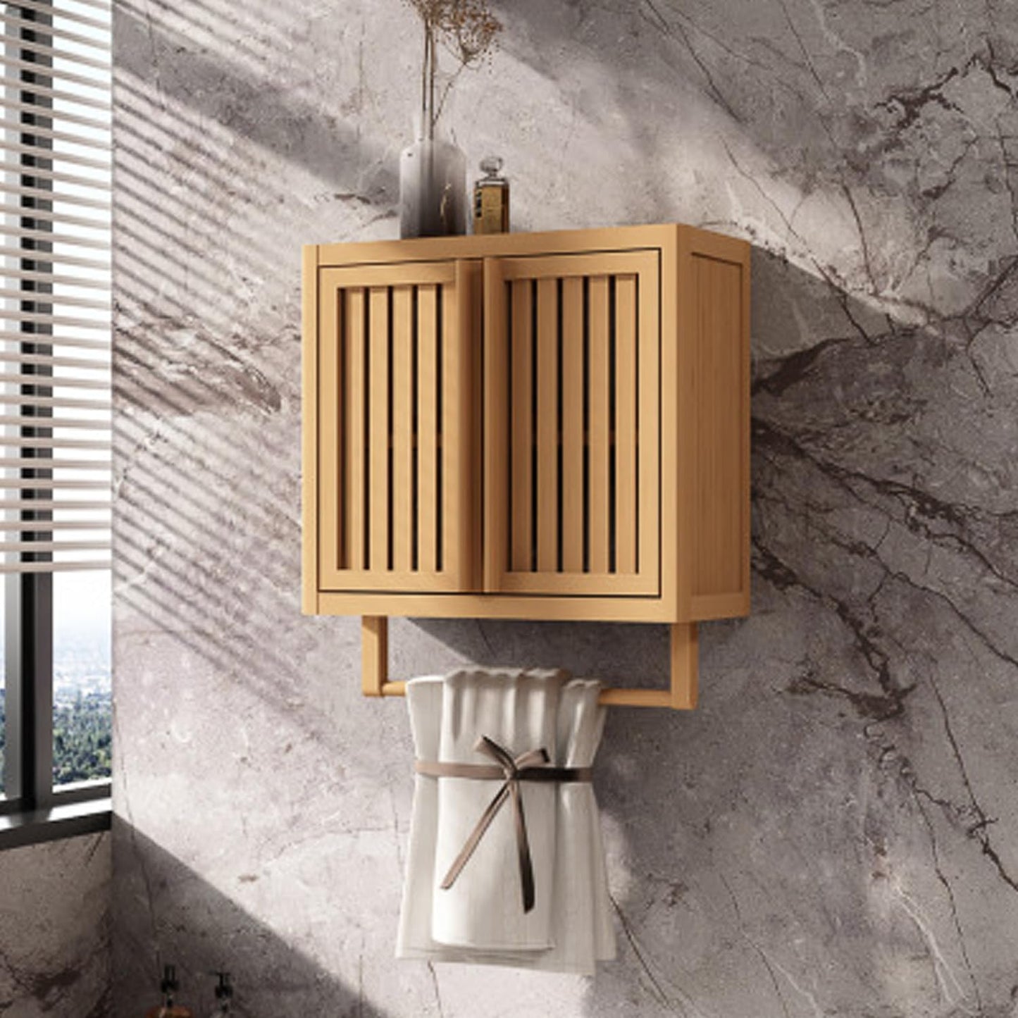 Bamboo Wall Cabinet for Bathroom, Over The Toilet Storage with Towel Bar, Adjustable Shelves, 2-Door Wall Mounted or Free Standing Cabinet for Kitchen, Laundry Room, Natural, 19.7x8.5x21.7In (Classic)
