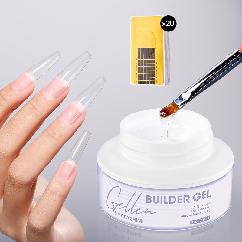 GELLEN Clear Builder Gel for Nails, 30g Hard Gel Nail Extension with 20 Pcs Forms, UV/LED Long Lasting Natural Nails Strengthening Thickening Overlays Apex Professional Nail Art Supplies