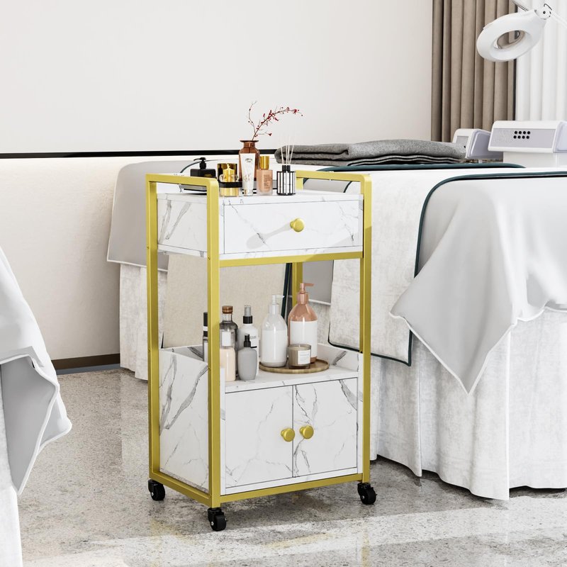 OmySalon Salon Trolley Cart with Wheels, Esthetician Cart with 1 Drawer & 2 Trays, Mobile Storage Organizer for Beauty Spa Massage Tattoo Esthetic Facial Tool Holder Station, White Marble