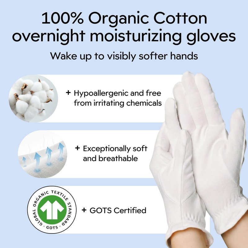 Clearbody Organics 100% Organic Cotton Gloves for Dry Hands Sleeping - Breathable Cotton for Eczema - Moisturizing Gloves Overnight (5 Pairs, Size M)