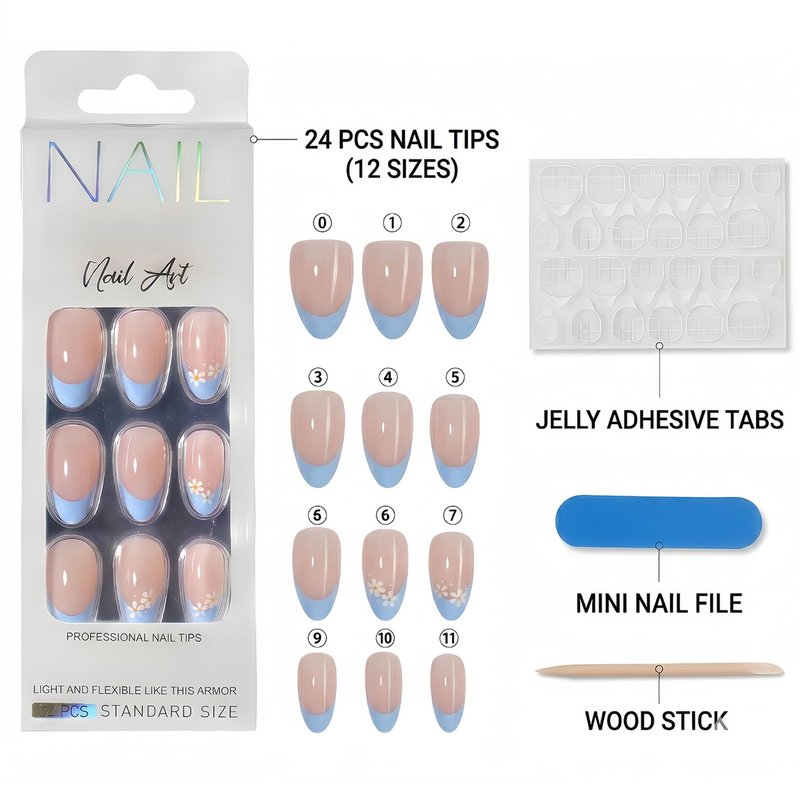 24 Pcs Press On Nails Short Almond, Nude Pink French Tip Fake Nails with Blue Tips & Daisy Design, Glossy Jelly Finish Stick On Nails Set for Women Girls DIY Nail Art