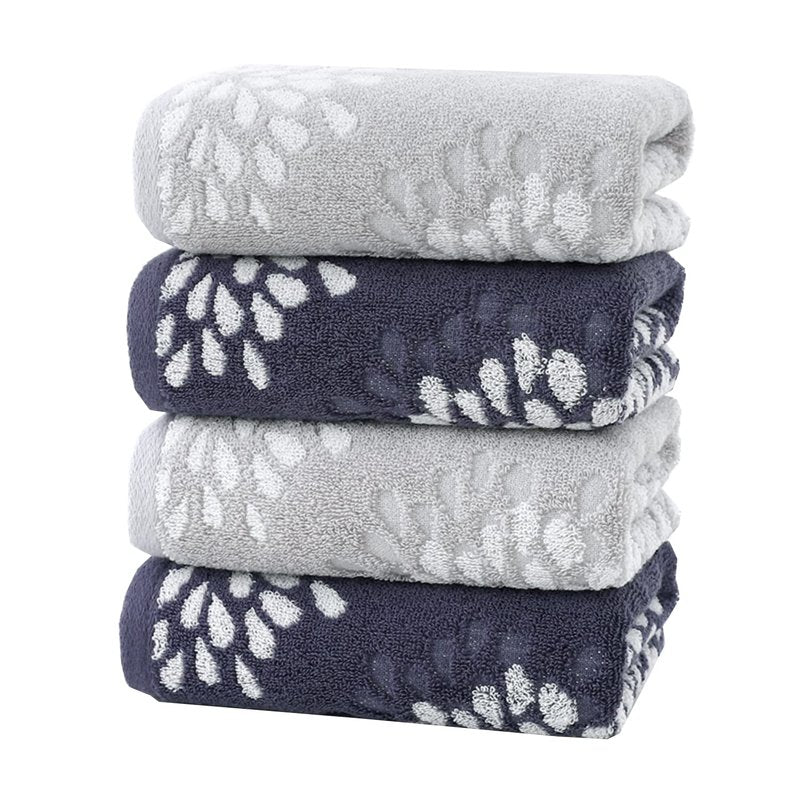 Pidada Hand Towels Set of 4 Hydrangea Floral Pattern 100% Cotton Absorbent Soft Decorative Towel for Bathroom (Light Grey & Denim Blue)
