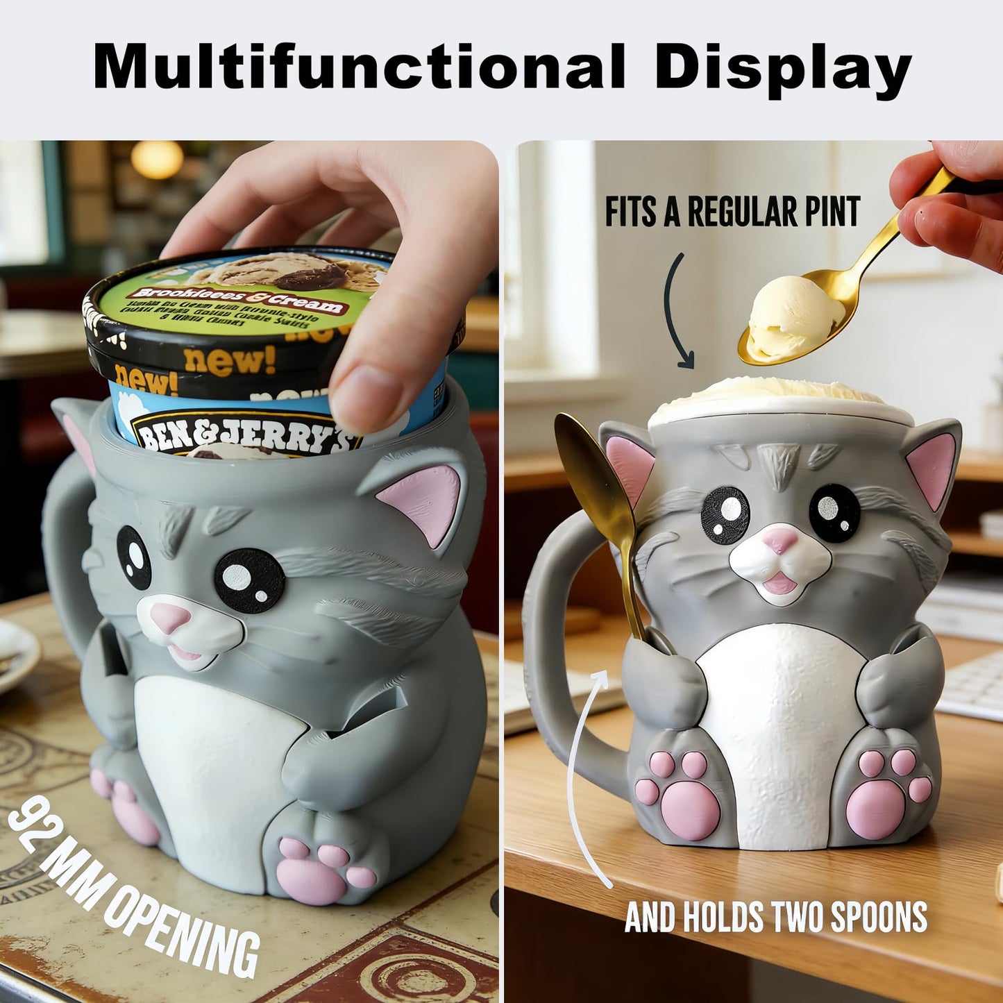 LDJDSDS Ice Cream Pint Holder, Insulated Ice Cream Holder Sleeves for 16 oz Pints with Spoon Slots & Hidden Snack Drawer, Leak Proof Popsicle Cooler Container Cozy, Gifts for Animal Lovers (Cat)