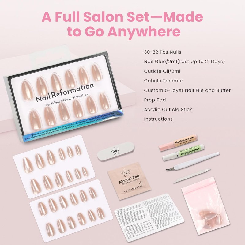 Nail Reformation Press On Nails, Glowing Aura | Natural Short Almond Fake Nails with Velvet Cat Eye, Salon Quality, Luminous Reusable Stick On Nails in 16 Sizes - 32 Nail Kit, Gifts for Women