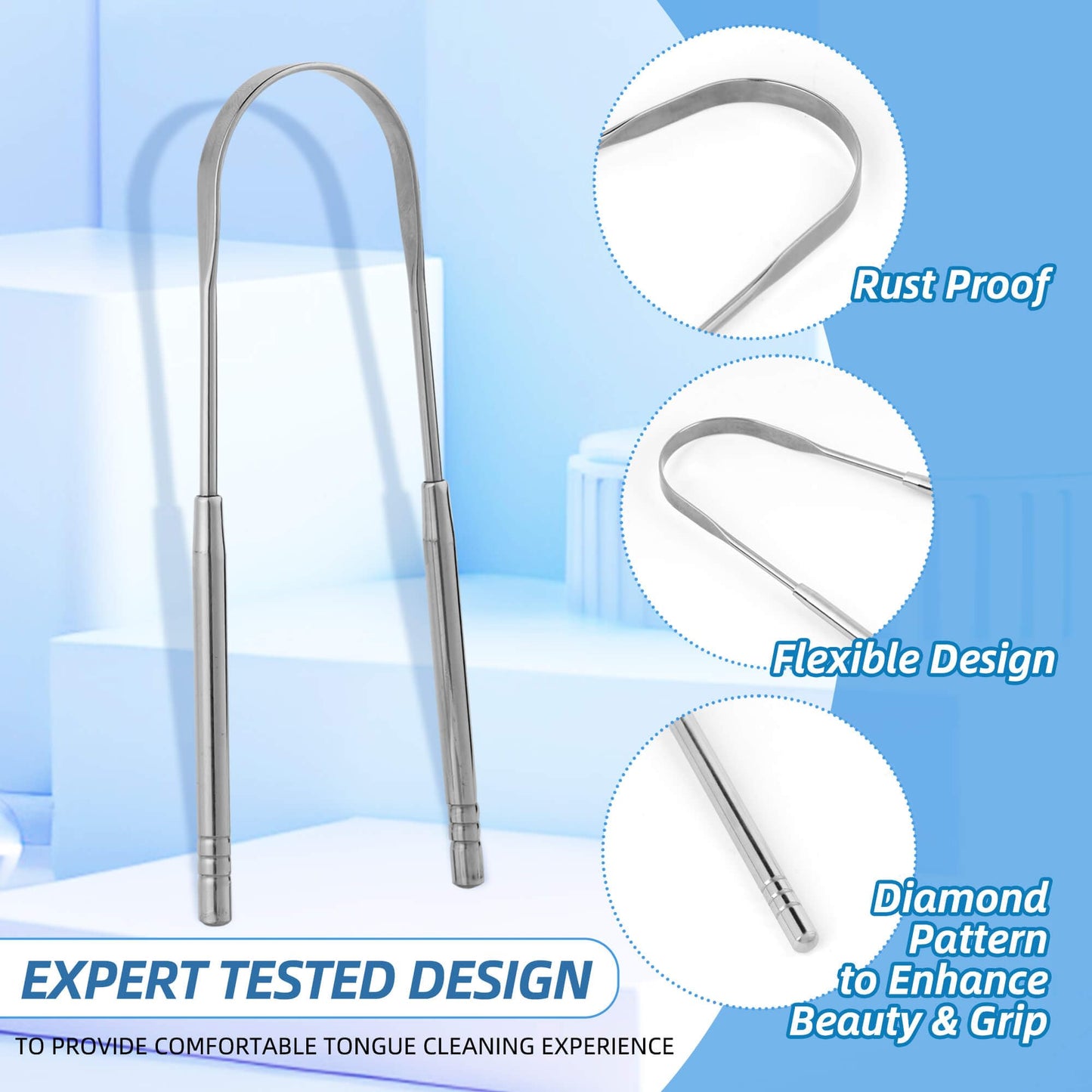 Aussumy 6 Pack Tongue Scraper for Adults - Reusable & Easy to Clean Tongue Scrubber with Travel Case - Medical-Grade 100% Stainless Steel Tongue Cleaner for Fresh Breath & Oral Care & Hygiene