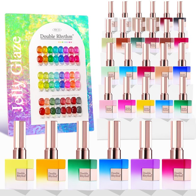 Double Rhythm 28Pcs 0.5Oz Gel Nail Polish Set Same Color Same Bottle Gel Polish Kit Nail Art Manicure Salon DIY at Home for Women (Neon Jelly Sheer Collection-T24-11)