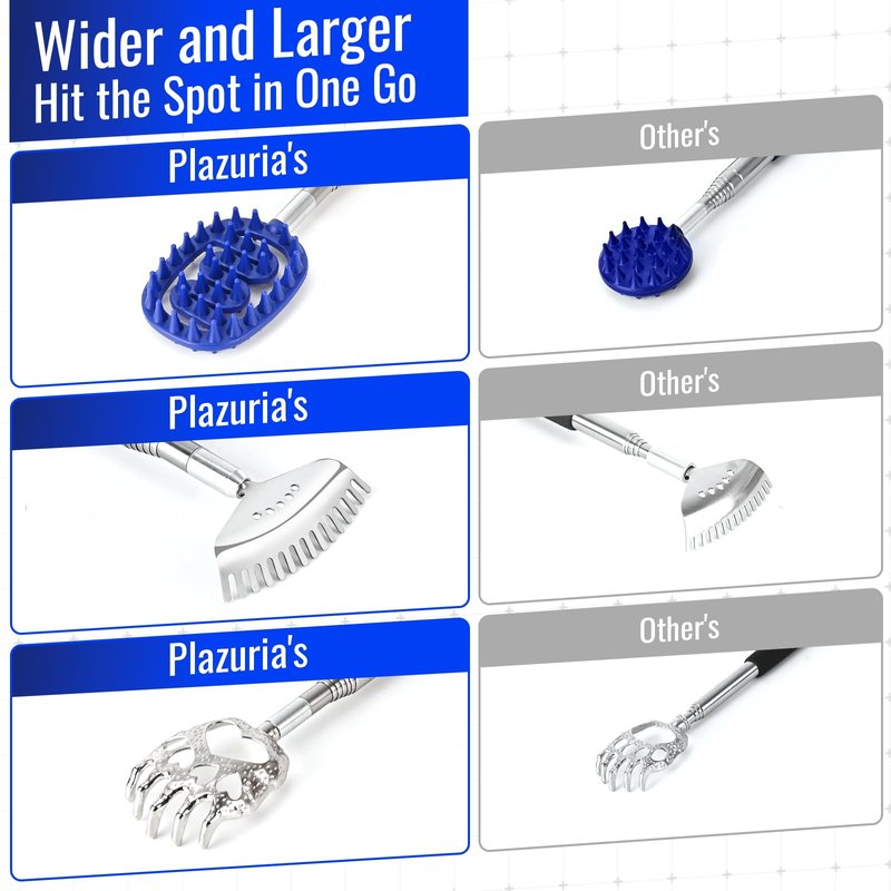 Plazuria Oversized Back Scratcher Massager with 3 Detachable Heads, Stocking Stuffers for Men & Women, Extendable 30" Handle with Spikes, Rake & Bear Claw Heads (Navy Blue)