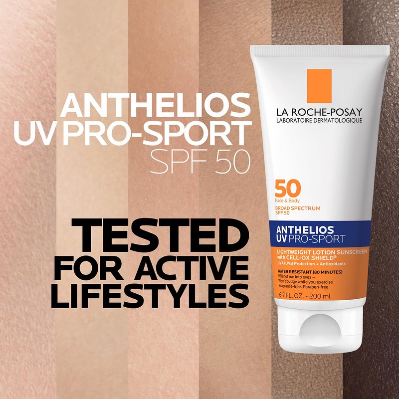 La Roche-Posay Anthelios UV Pro-Sport SPF 50 Sunscreen for Face & Body, Water & Sweat Resistant with Non-Drip Formula, Invisible Broad Spectrum Sunscreen Lotion, Lightweight & Breathable, 6.7 Fl Oz