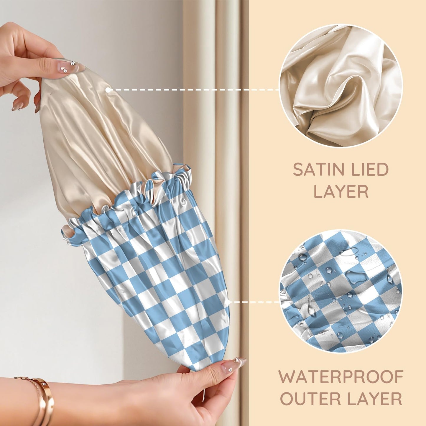 Zewurtuw Luxury Shower Cap Adjustable Reusable Double Waterproof Layer Elastic Satin Lined Hair Bath Cap Cute Aesthetic Women Girls (I28-Blue)