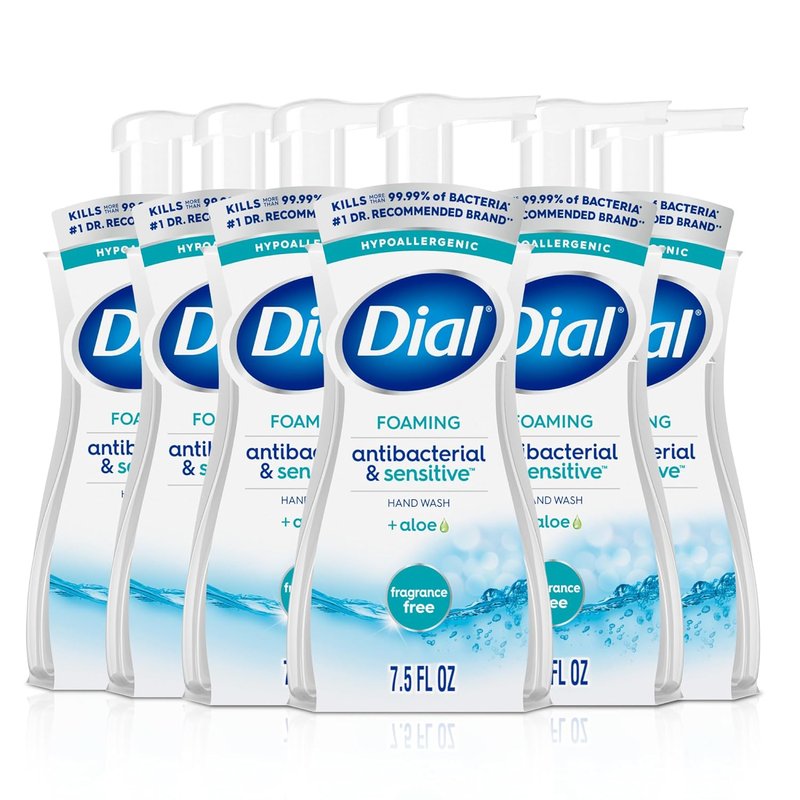 Dial Antibacterial Defense Foaming Hand Soap + Aloe, Fragrance Free, 7.5 Fl Oz (Pack of 6), Dermatologist-Tested Hand Wash, Gentle on Skin