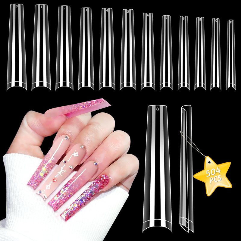 3XL NO C Curve Coffin Nail Tips for Acrylic Nails Professional, 504PCS Clear Extra Long Tapered Square Nail Tip, 12 Sizes Straight Press On Gel Nail Tips for Nail Salons Home DIY