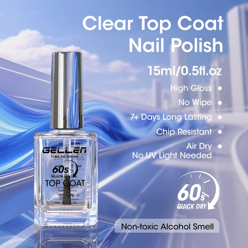 GELLEN Clear Nail Polish Top Coat Quick Dry in 60 Seconds, High-Gloss Shine Top Coat Fast Air Drying Clean Regular Nail Polish, Hema Free, TPO Free, Non-toxic, No Chip, Long Lasting