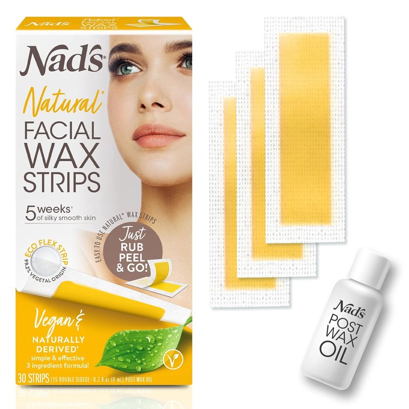 Nad's Facial Wax Strips - Natural Waxing Kit for All Skin Types - 30 Strips & Post Wax Oil Included
