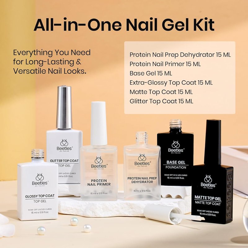 Beetles Gel Top and Base Coat Set - 15ml Glossy & Matte Finish with Protein Nail Prep | Acid-Free, Hema-Free
