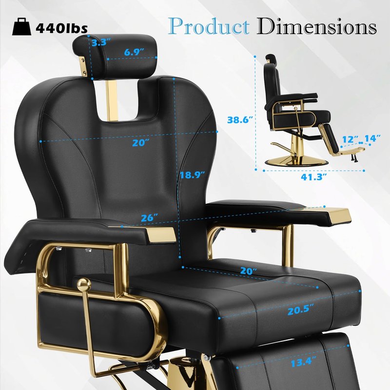 KIIUMI Barber Salon Chair, Black Gold Reclining Barbershop Chair, Heavy Duty Hydraulic Hair Stylist Armchair w/Footrest and Headrest, 360 ° Swivel Hairdresser Shampoo Spa Beauty Equipment