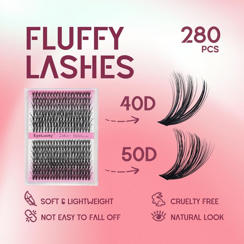 Lash Clusters Kit 280 pcs 9-16mm Volume Hybrid Eyelash Clusters 40D+50D D Curl Individual Lashes DIY Lash Extension Kit Thin Band Cluster Lashes Lash Bond and Seal Tweezers remover