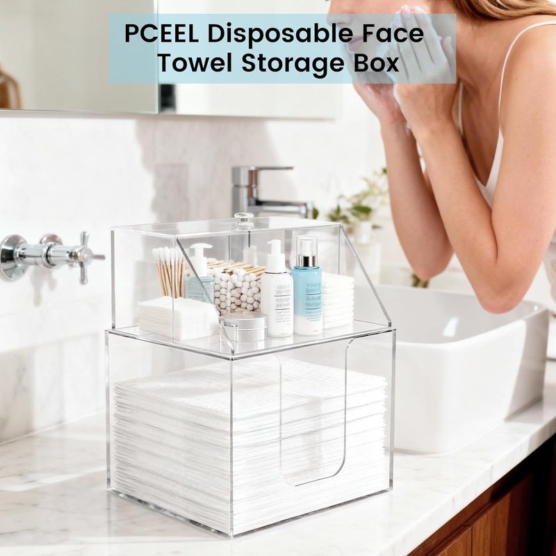 Face Towel Storage Box - 3-in-1 Detachable Acrylic Holder for Bathroom & Vanity | Fits 50 Towels, Clear