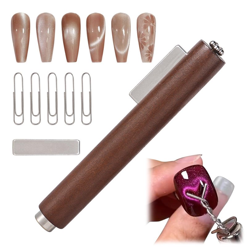 3 In 1 Nail Magnet For Cat Eye Gel Polish With Extra 1 PCS Square Magnet, 5 PCS Paper Clips For Heart Flower And Black Hole Nail Art DIY Tools Design Walnut