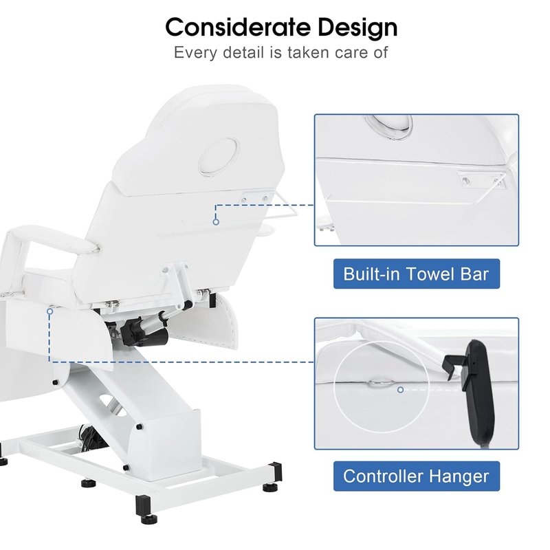 BarberPub Fully Electric Facial Bed with 3 Motor for Esthetician, Tattoo Chair for Client, Massage Bed for Esthetician, Electric Adjustment 2751 (White)