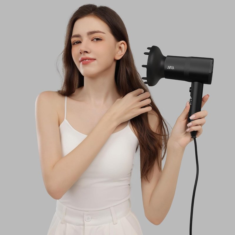 AINA Hair Dryer with Diffuser - Advanced Ionic Technology, Ceramic Coating | Turbo Heat for Fast Drying & Shine, 110V/ALCI (Vader Black)