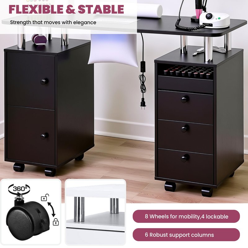 HolaiNail Nail Desk for Nail Tech w/Electric Dust Collector, Rolling Manicure Table w/Lockable Wheels, Storage Drawers, Wrist Cushion, Acetone Resistant, for Nail Beauty Salon Workstation (Black)