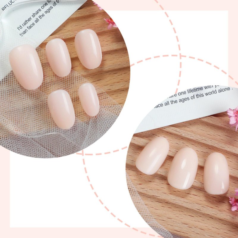 Press on Nails Short Oval Fake Nails Beige Pink False Nails with Pure Elegant Designs Glossy Full Cover Glue on Nails Stick on Nails Acrylic Nails for Women Girls 24 Pcs