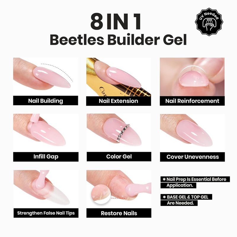 Beetles Builder Gel for Nails, 8 in 1 Pink Building Nail Gel Baby Pink Color Shy Blush Strengthener Gel for Nails Builder Apex & Extension Beauty Gift Sets for Women
