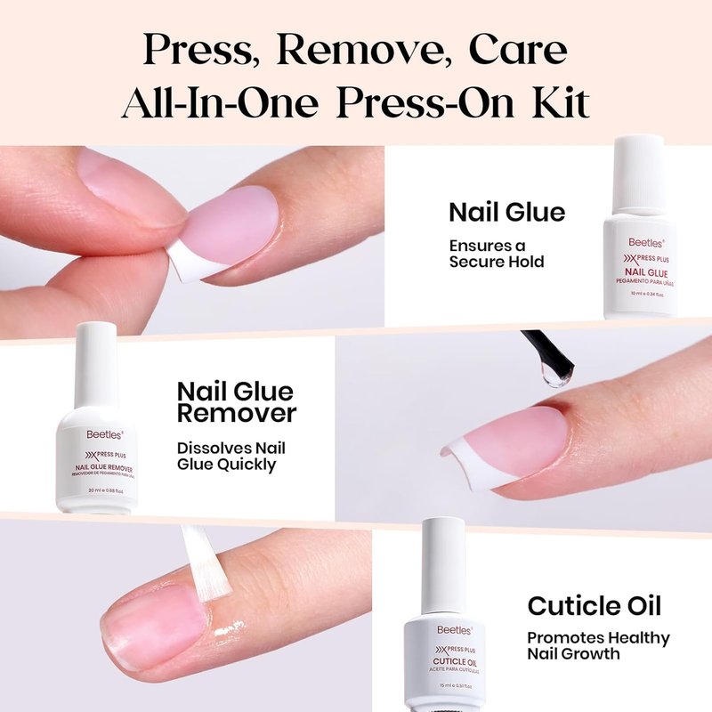 Beetles Press On Nails Kit - Cocoa Mousse French Tips | 224 Pcs, 7 Colors, Short Almond Design with Glue & Lamp
