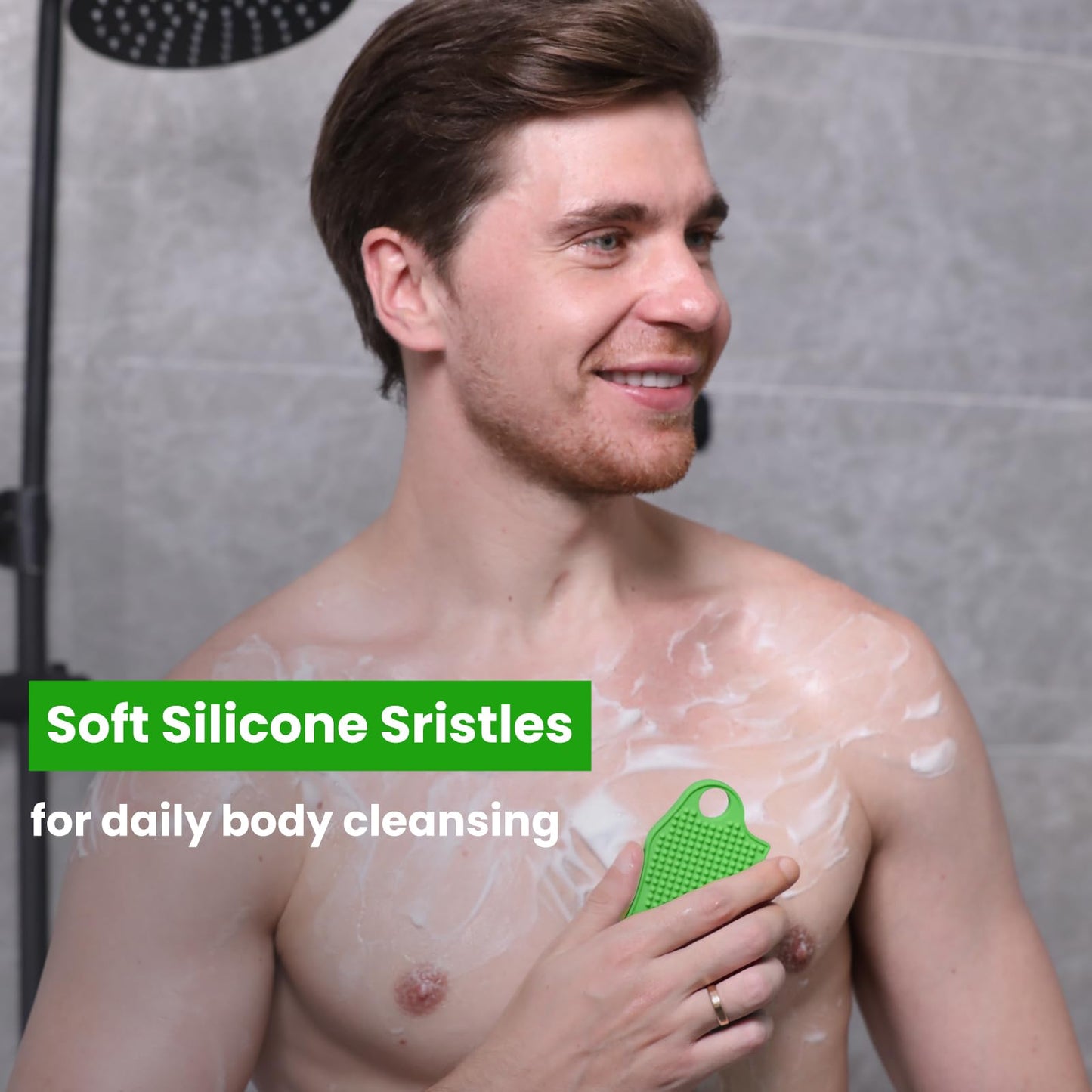 iTokGok Silicone Body Scrubber Silver-Infused Dual-Sided 3-in-1 for Shower, Body Cleaning+Massage+Exfoliator Body Brush Buffer for Men and Women, Silicone Loofah, Non-Slip Handle (Green)