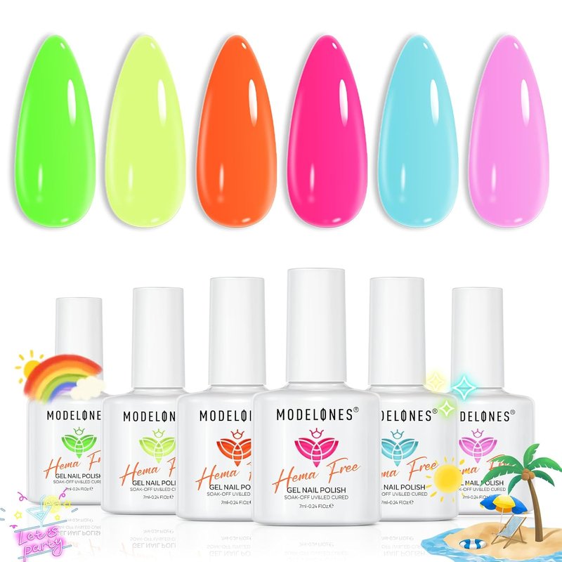 Modelones Neon Gel Nail Polish Set - Hema-Free 6 Vibrant Colors for Summer Nail Art | LED DIY Kit