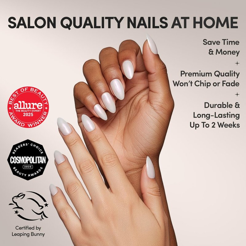 Glamnetic Press On Nails - Hailey | Glossy, Semi-Transparent, Short Almond Fake Nails, Salon Quality | 15 Sizes - 30 Nail Kit with Glue