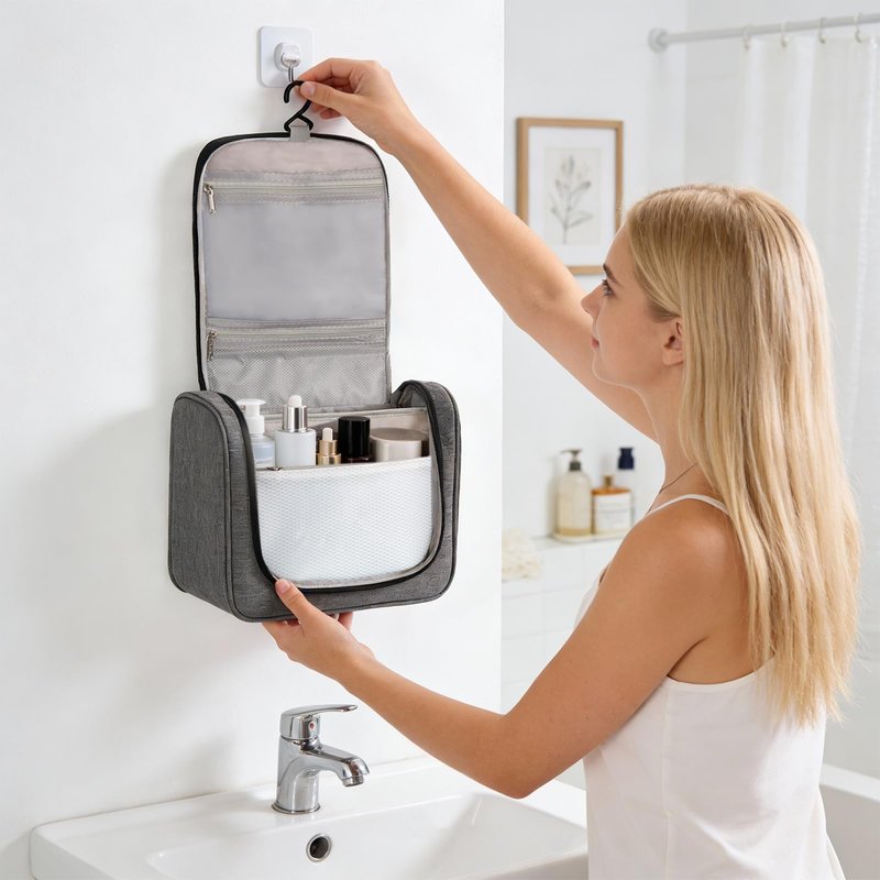Posprica Hanging Toiletry Bag with Hook - Waterproof Travel Organizer with Multiple Compartments, Portable Cosmetic Makeup Bag for Women Men, Bathroom Gym Travel