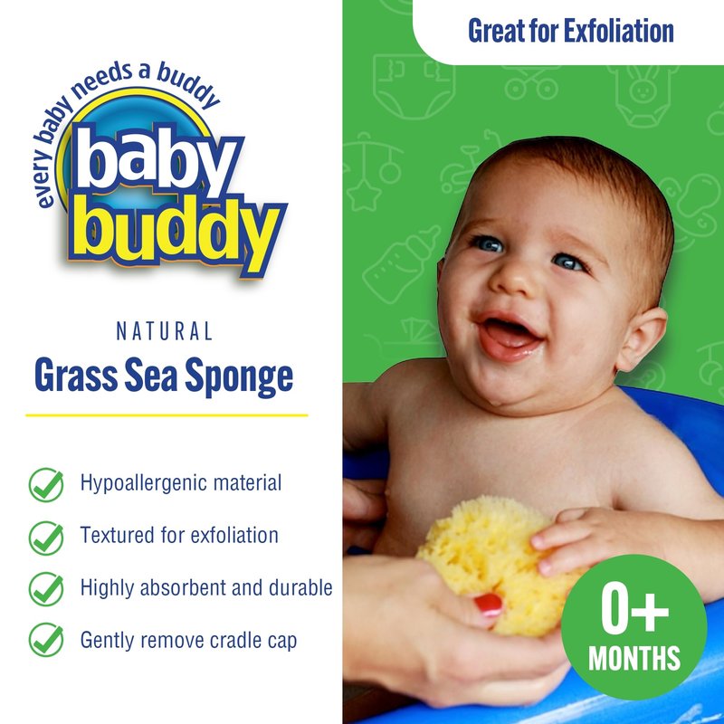 Baby Buddy Natural Baby Bath Sponge 4in Soft Grass Sea Sponge, Soft on Baby's Tender Skin, Biodegradable, Hypoallergenic, Absorbent Natural Sea Sponge, 2 Pack, Yellow
