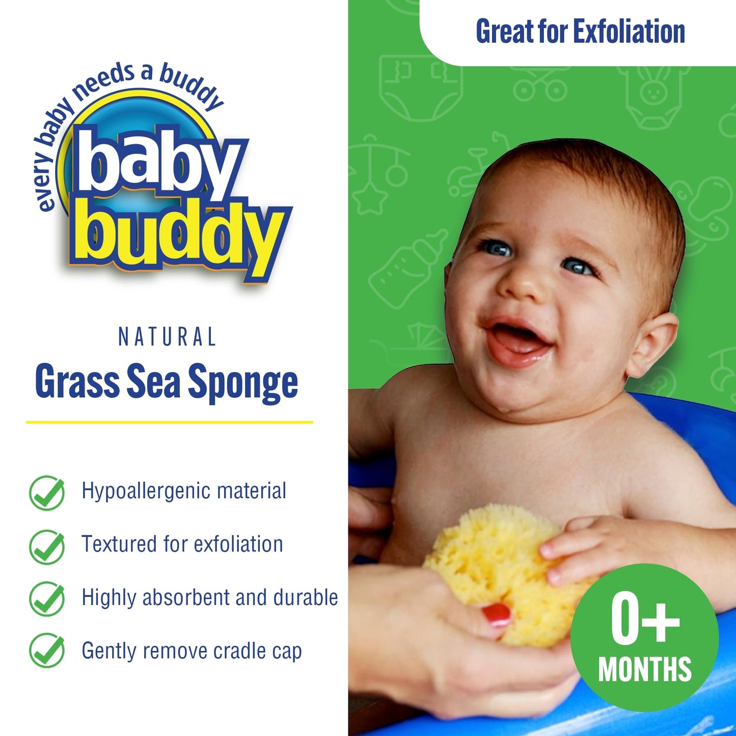 Baby Buddy Natural Grass Sea Sponge, Newborn Bath Time Essential, Textured for Exfoliation, Hypoallergenic, 4 Count