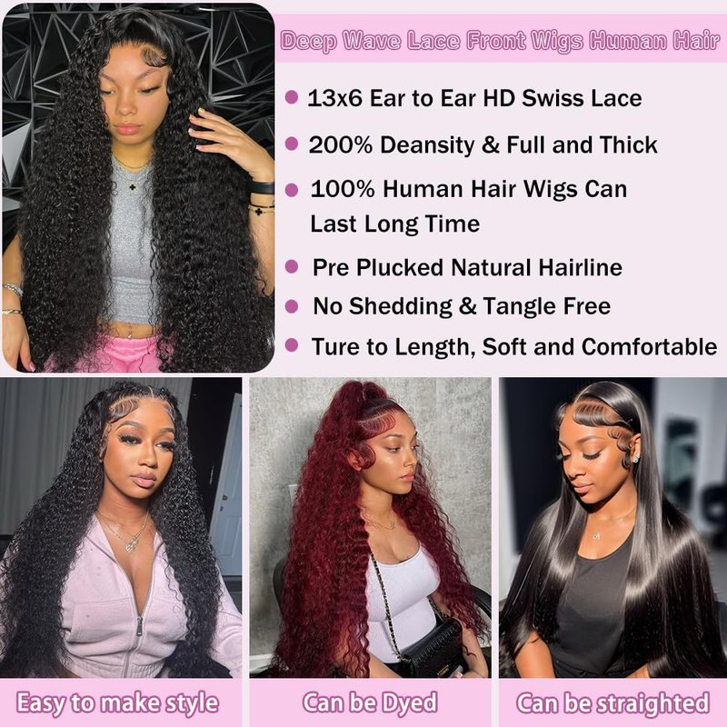 BWDWST 32 Inch Deep Wave Lace Front Wig Human Hair 13x6 HD Lace Frontal Wig 200% Density Pre Plucked Glueless Curly Wig with Baby Hair for Women