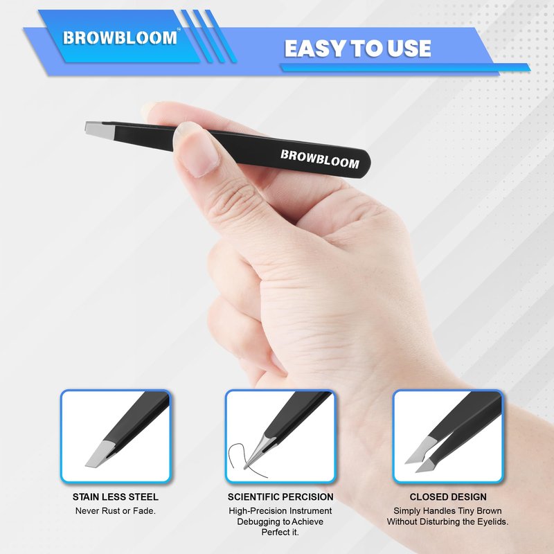 BROWBLOOM 4Piece Set of Professional Tweezers for Women Facial Hair, Black Stainless Steel Precision Tweezer for Ingrown Hair, Eyebrow Tweezers for Men Comes in Carrying Pouch (Black Set)