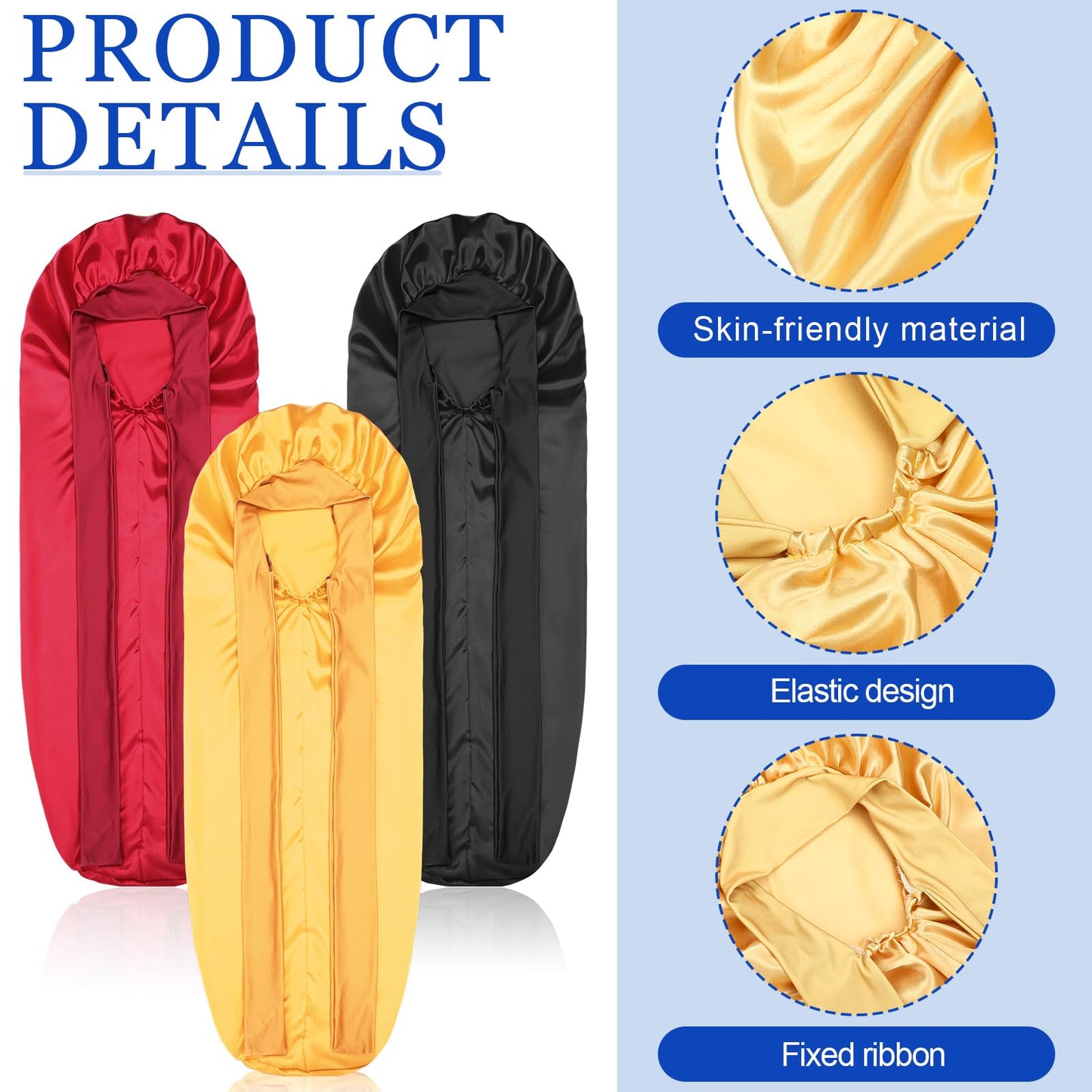 Geyoga 3 Pcs 40 Inches Extra Long Satin Braid Bonnet for Sleeping Silk Hair Bonnet for Women with Tie Band Foldable Braids Hair Sleep Tie, Black, Wine Red and Gold