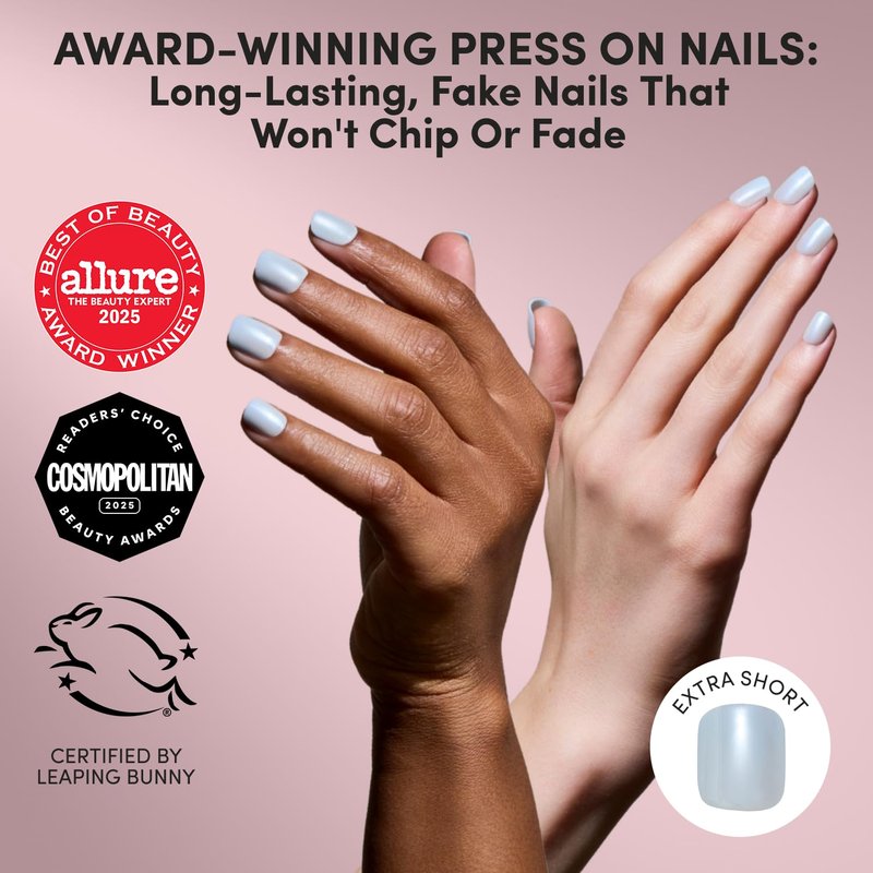 Glamnetic Press On Nails - Light Blue Extra Short Fake Nails with Reflective Glaze Finish | Salon Quality Summer Nails | Clear Skies | 12 Sizes - 30 Nail Kit with Glue