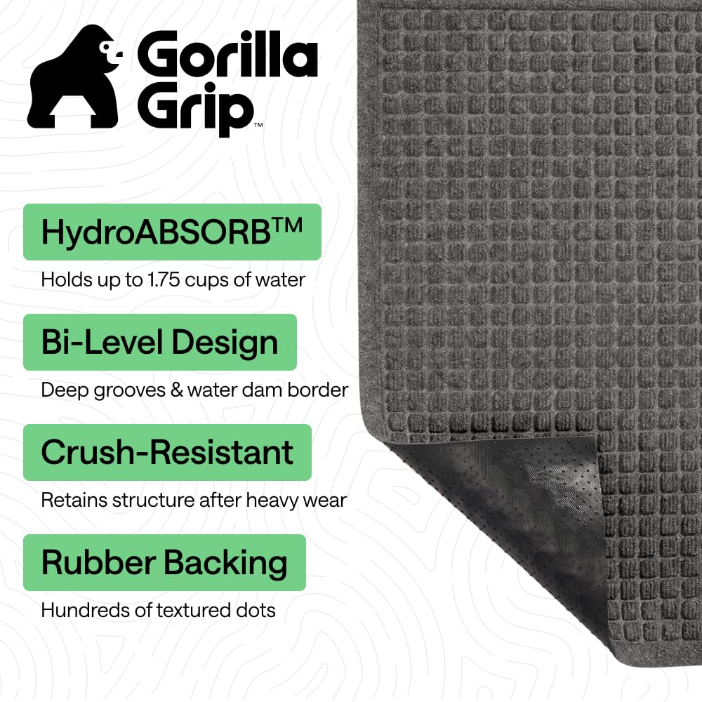 GORILLA GRIP® Ultra Absorbent Front Door Mat Outside Entrance, Traps Dirt and Moisture, HydroABSORB Indoor Outdoor Doormat Holds 1.7 Cups Water, Stain and Fade Resistant Welcome Mat, 29x17 Charcoal