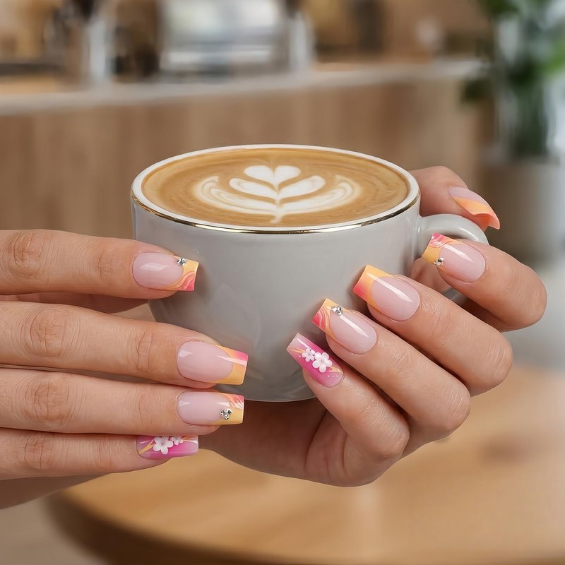 24Pcs Press on Nails Medium Square, Pink & Orange Ombre French Tip Fake Nails with 3D White Flowers & Rhinestones, Glossy Swirl Summer Acrylic Stick on Nails for Women & Girls