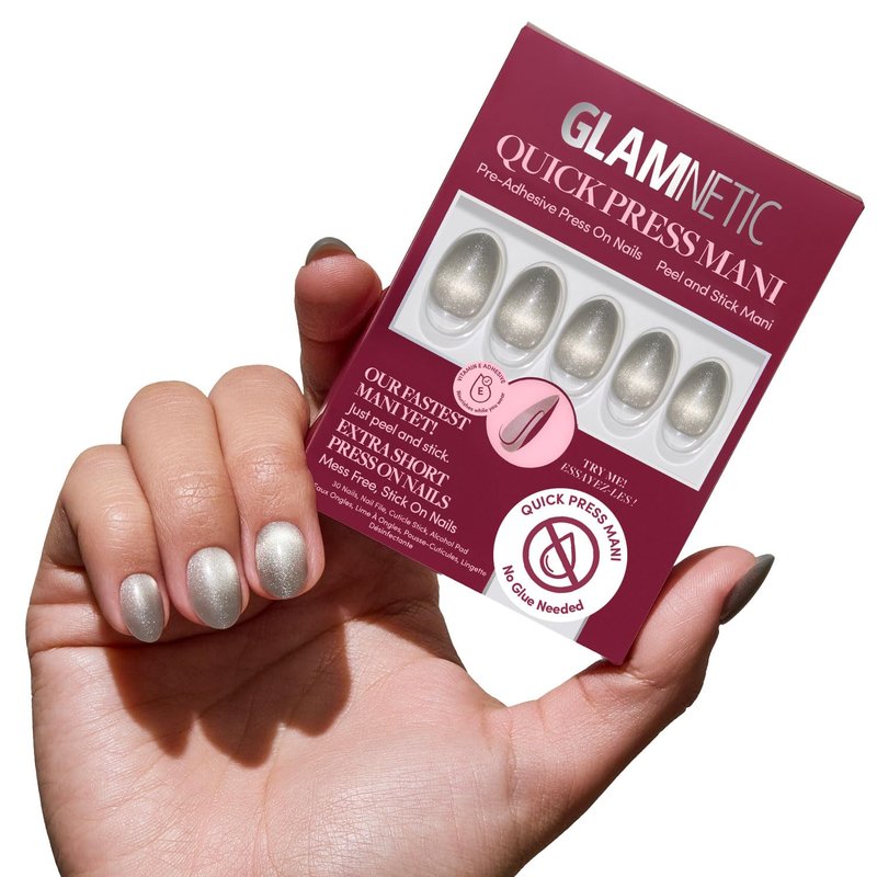 Glamnetic Quick Press Mani - Mess-Free Peel and Stick Oval Extra Short Nails | Sparkly Moss - 30 Nail Kit in 15 Sizes