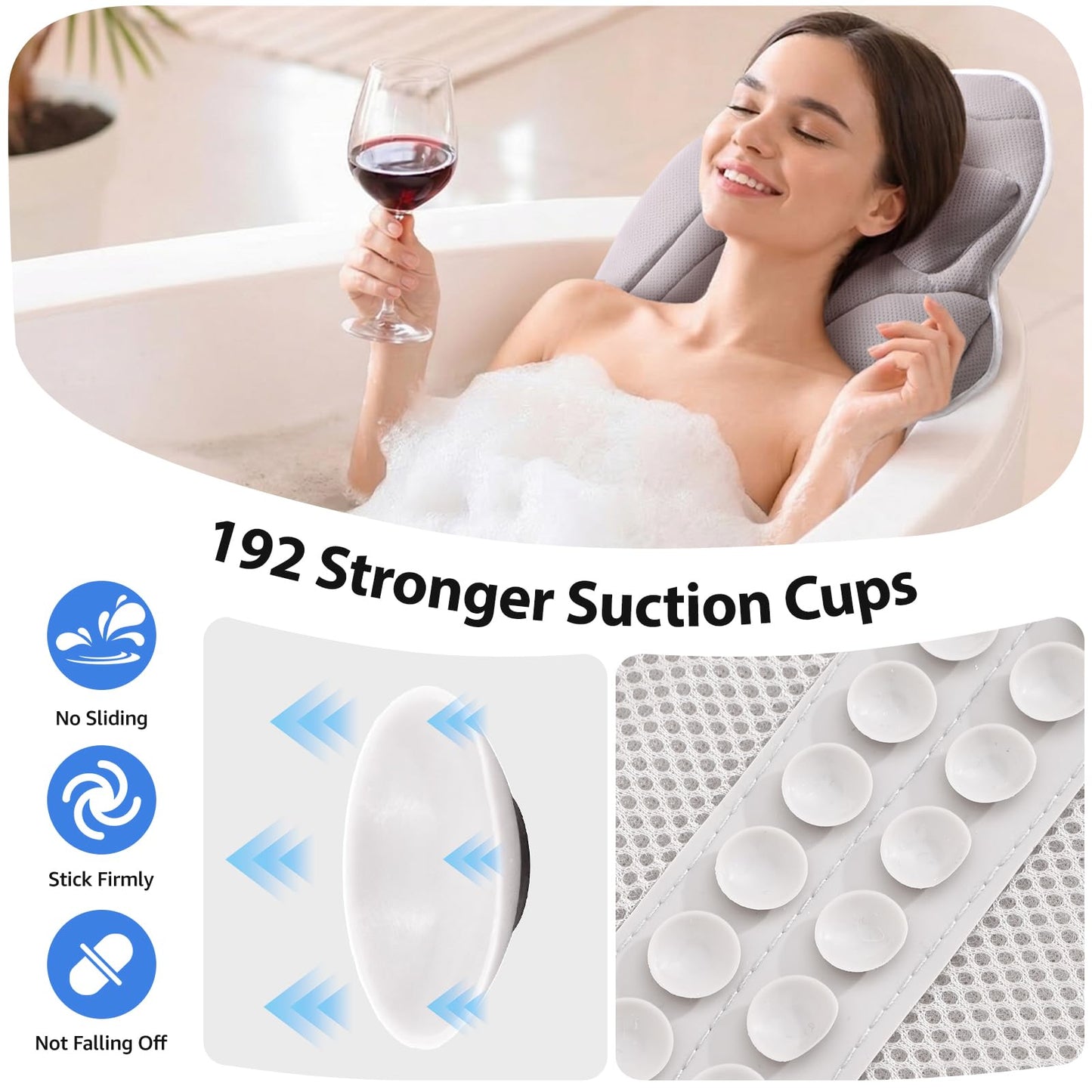 Full Body Bath Pillow for Bathtub, Thick 5D Air Mesh Luxury Spa Tub Cushion with Adjustable Lumbar Support, Extra Long Bathtub Pillow for Head and Neck Back, 192 Non-Slip Suction Cups, Gray, 56" x 19"