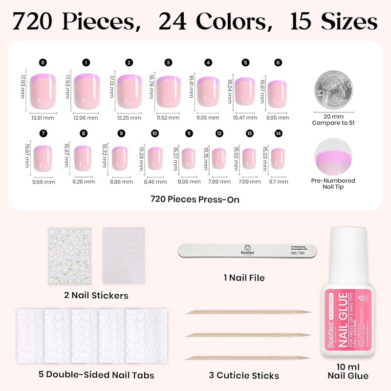 Beetles Press On Nails Kit - 720 Pcs Candy Mix | 24 Colors Short Square Nails with Glue & Stickers