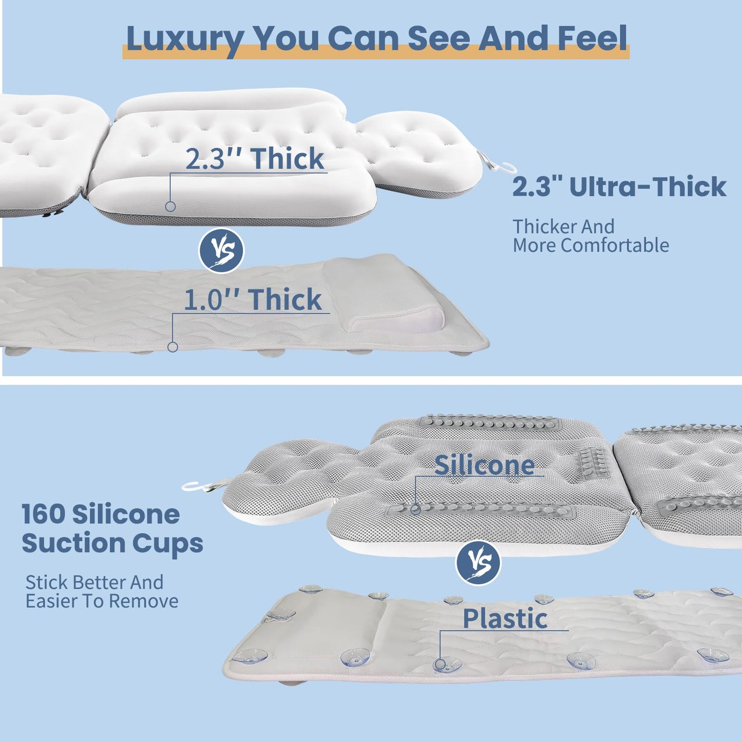 Luxury Bath Cushion, Full Body Bathtub Pillow with 160 Suction Cups, Bath Mat for Head and Neck Support, with Laundry Bag (White, 56" x 16")